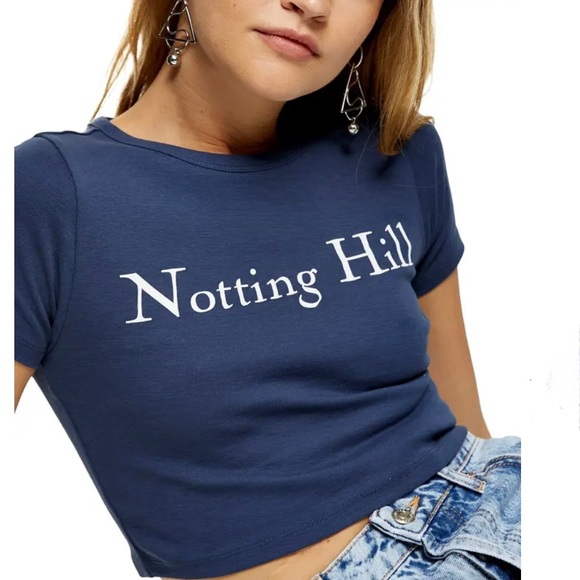Topshop Navy Blue Notting Hill Crop Top Boxy Cropped Graphic Tee Size 12 Large - Picture 1 of 9